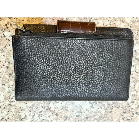 Brighton Vintage Leather Croc Embossed Bi-Fold Checkbook Wallet Brown/Black - Picture 3 of 10